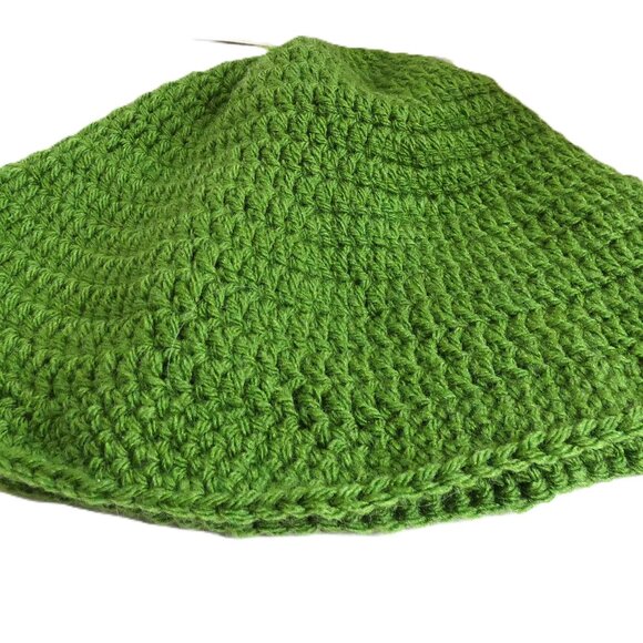 Dark Green Bucket Hat OS Handmade Crochet Hand Knit Roll Up Beanie Spring Garden - Picture 8 of 9